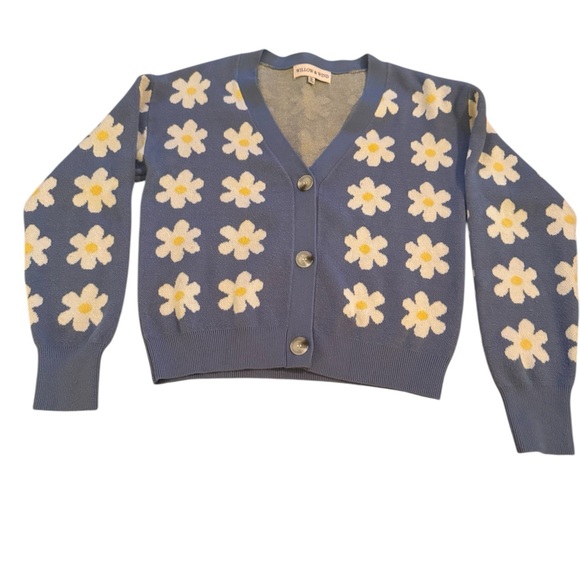 Willow & Wind Blue Daisy Knit Cardigan Sweater Women’s Medium Cottagecore - Picture 2 of 8
